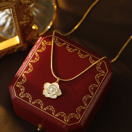 White Camellia Shell Pearl Necklace